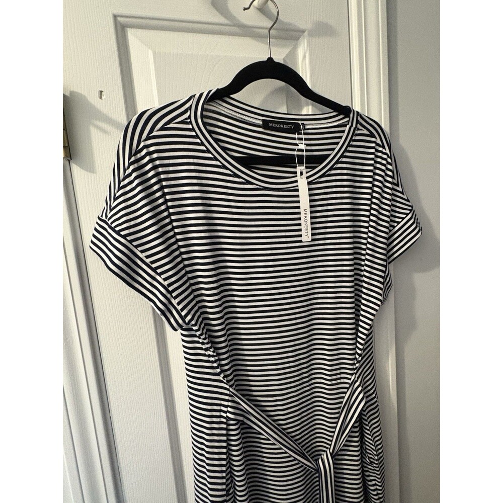 Merokeety Women’s XL Stripped Black And White Dress With Pockets NWT